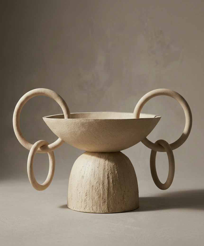 Beige ceramic bowl with circular handles on a neutral background